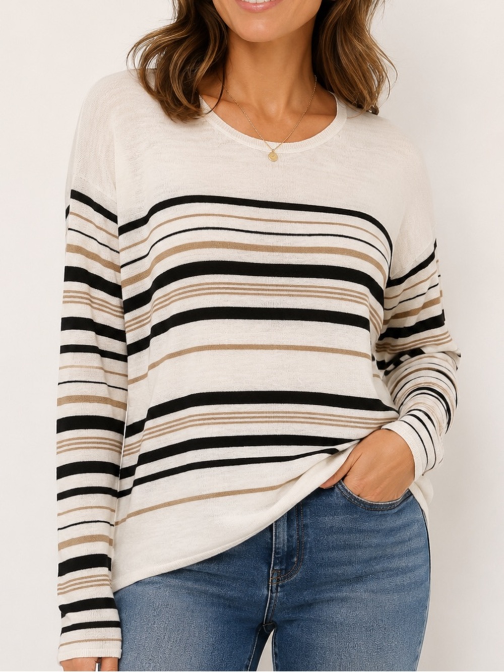 J. Jill linen blend Cream Striped Long Sleeve Knit Top L